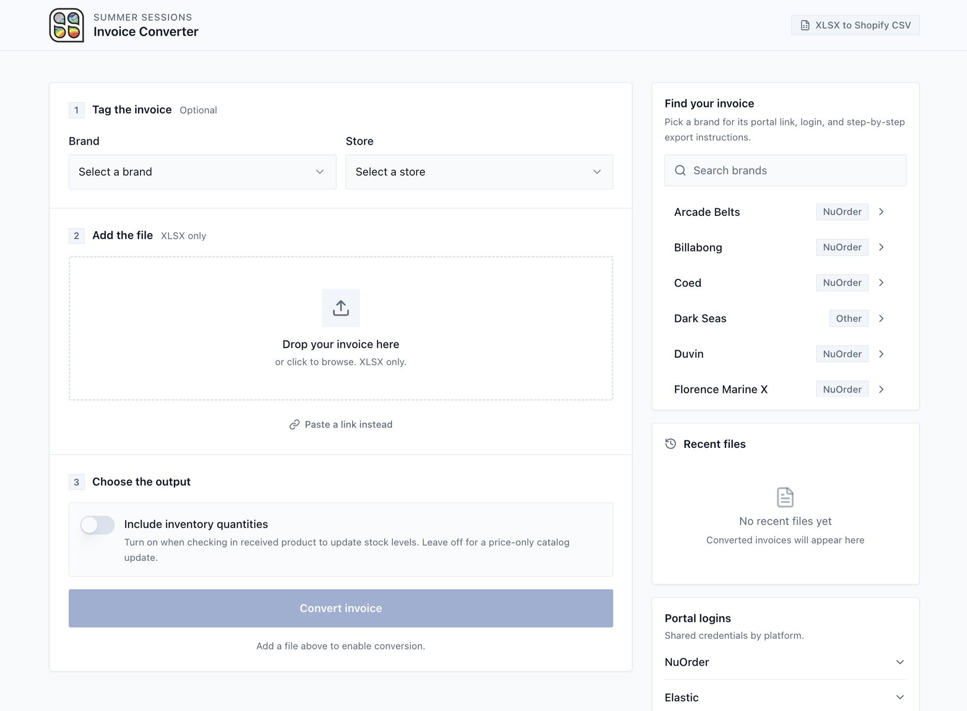 Summer Sessions Invoice Converter: tag the invoice, drop an XLSX, convert to a Shopify CSV
