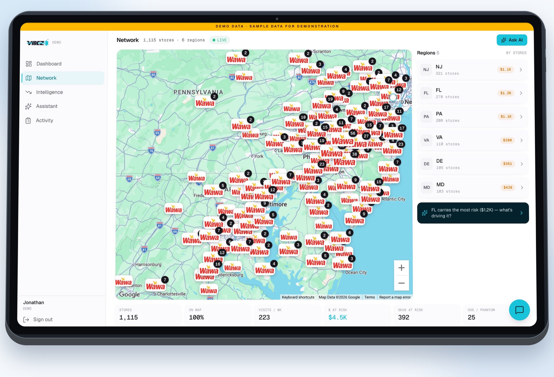 Vibez DSD network view: a live map of the retail store network with revenue at risk by region