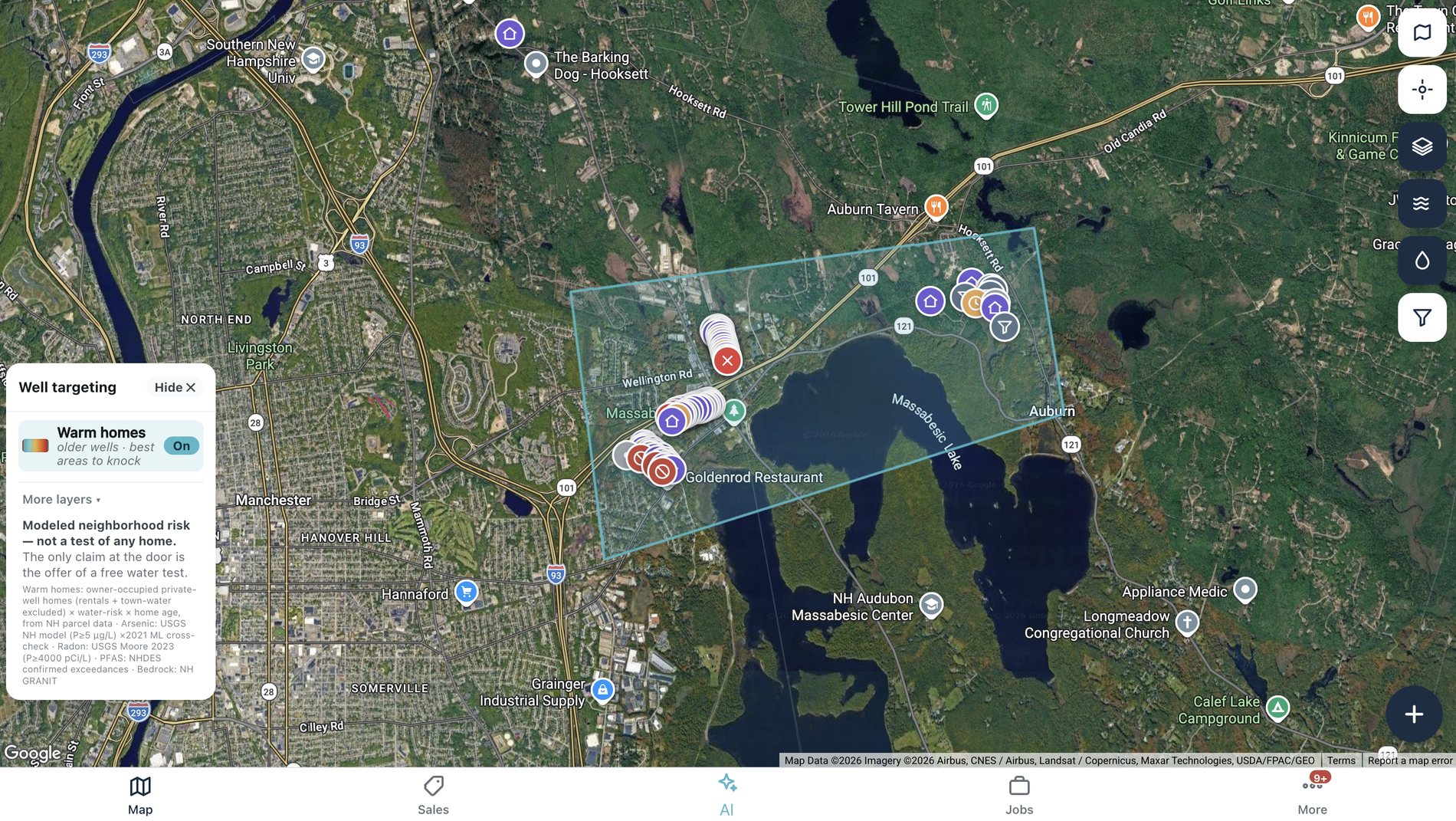 Well targeting map showing modeled water-risk neighborhoods across southern New Hampshire